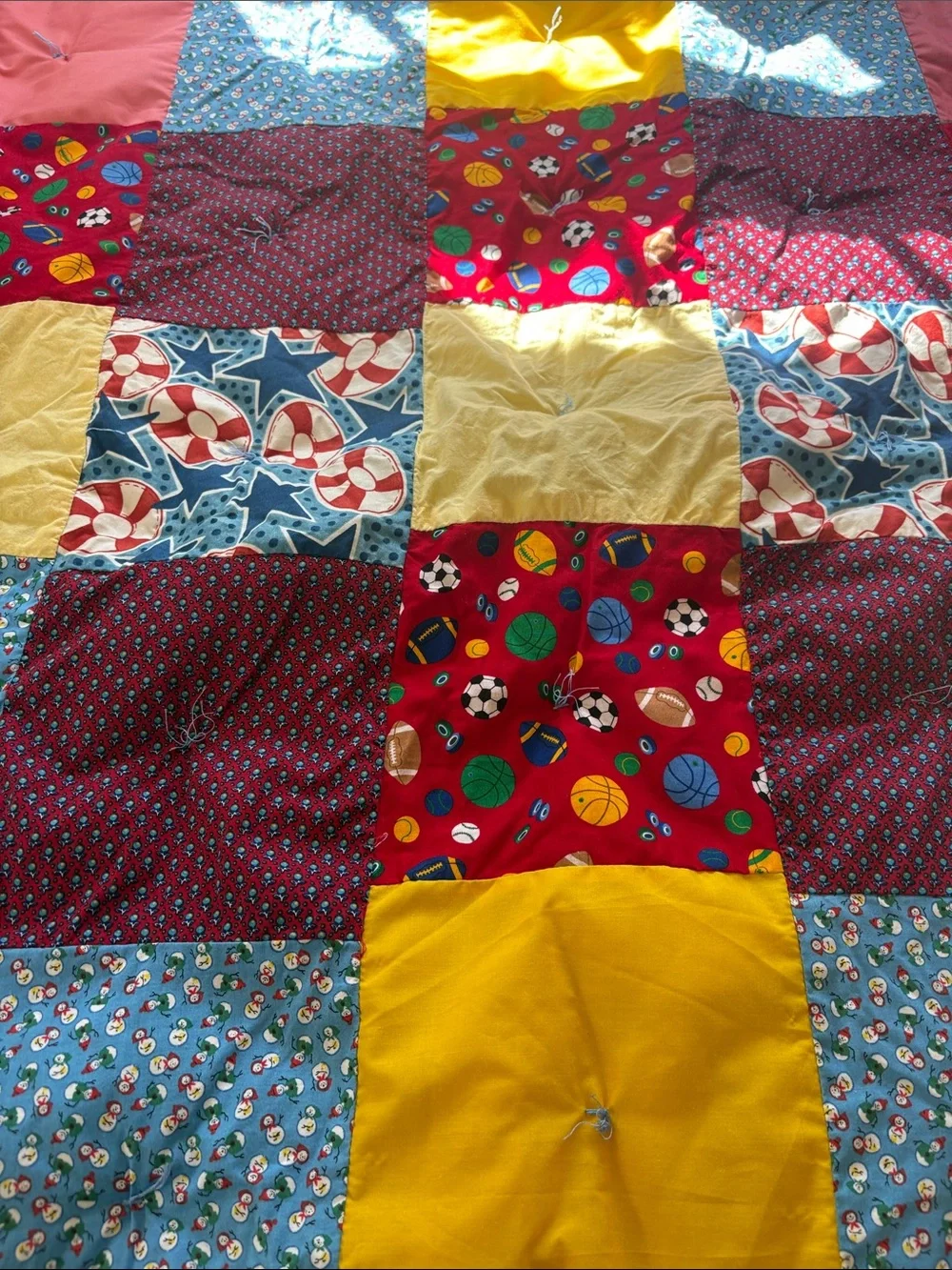 Bright Multicolor Patchwork Quilt - garden sports snowmen plaid